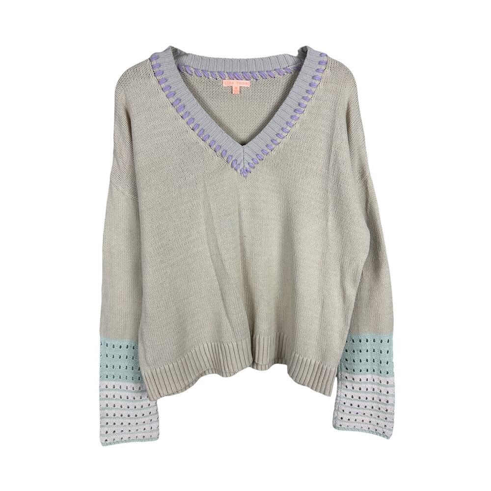 Lisa Frank Long Sleeve V Neck Crochet Pastel Trim Casual Preppy Sweater M